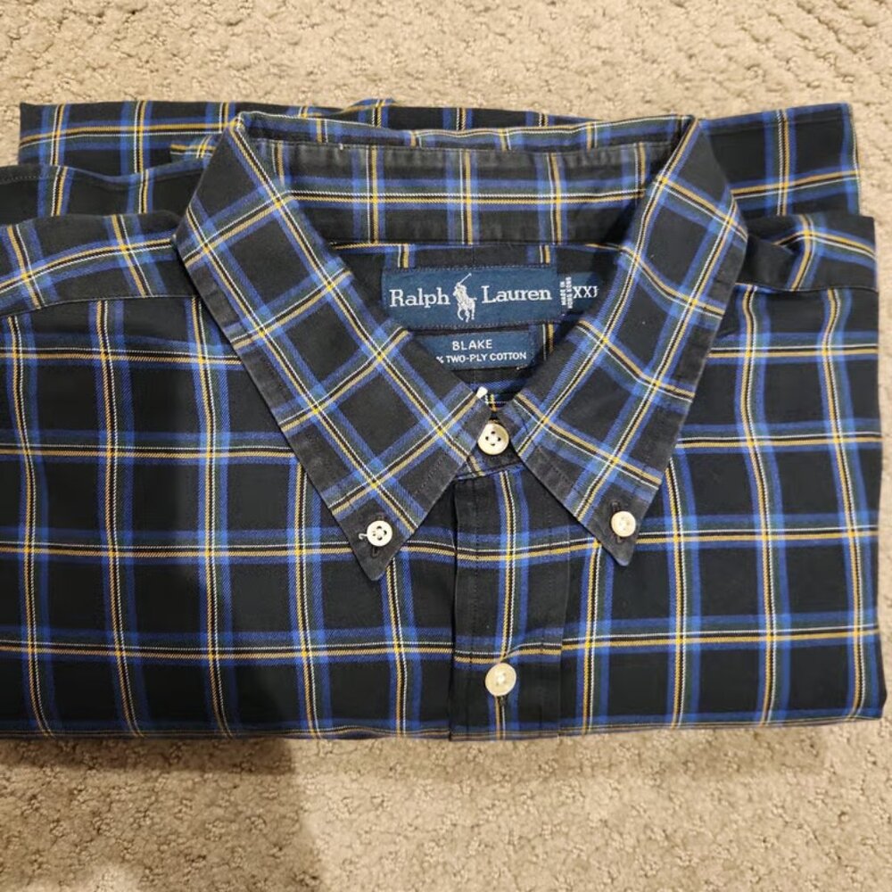 Ralph Lauren Mens XXL Vintage Blue Blake Plaid 100% Cotton